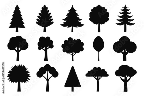 Pine tree silhouettes. Evergreen forest firs and spruces black shapes, wild nature trees templates. Vector illustration woodland trees set on white background
