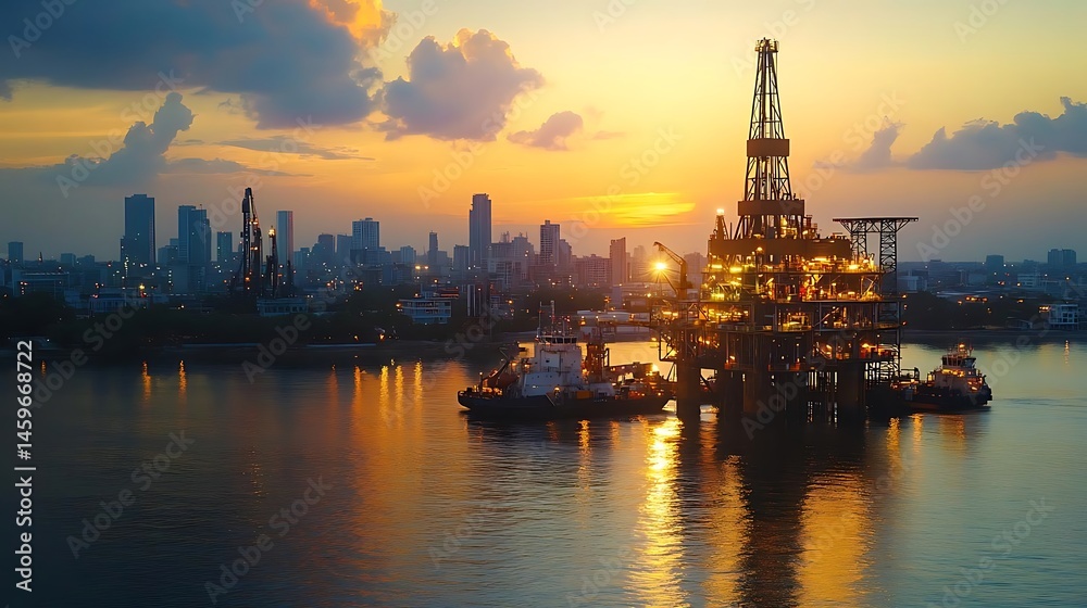 Fototapeta premium Offshore oil rig sunset city