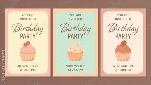 Set of 3 birthday party invitation cards with pastel cupcakes. Flat vector design with editable date and time. All elements isolated from dark background. EPS included.