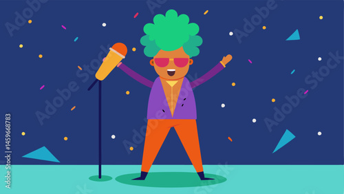 Rock and Roll Vibes An animated figure with wild hair and a trendy outfit is performing on a glittering stage. They enthusiastically sing into a giant carrot which is decked out