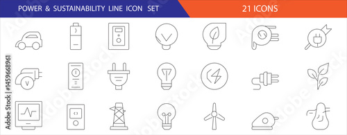 A set of 21 line icons showcasing power, renewable energy, and eco-friendly tech, including electric cars, wind turbines, plugs, and green solutions for sustainable projects.