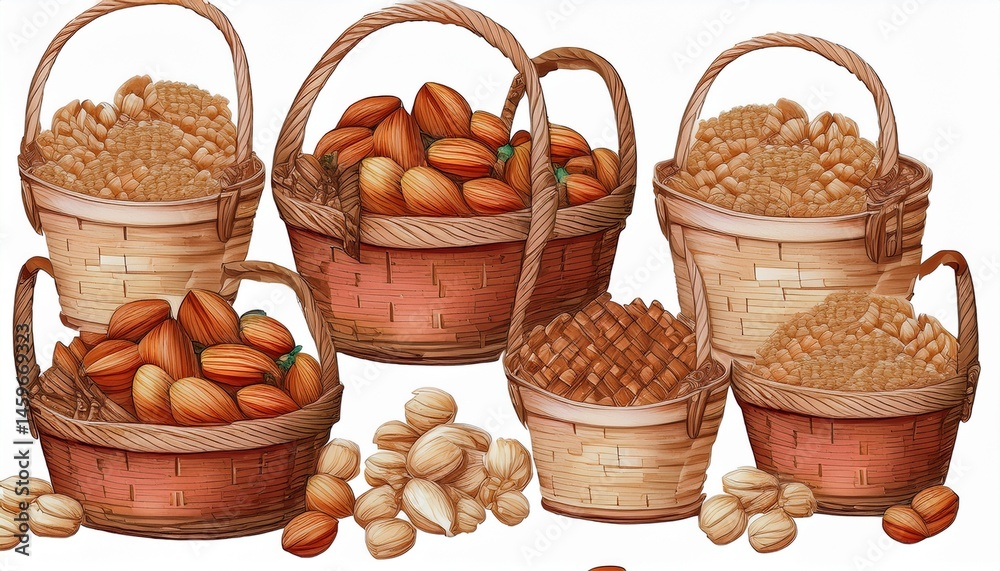 seamless watercolor baskets of nuts pattern on white background drawing abstract illustration seamless watercolor baskets of nuts pattern on white background drawing abstract illustration