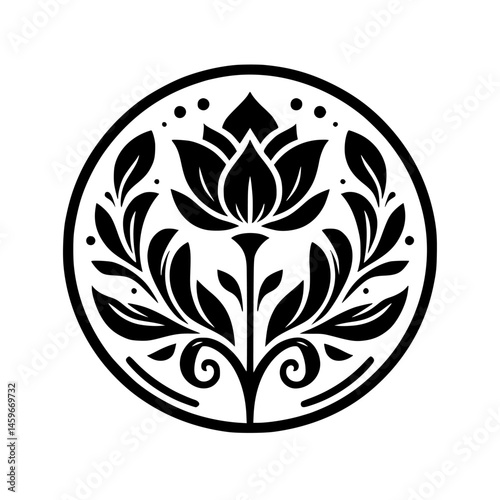 Elegant Black Lotus Floral Emblem, Circle Border