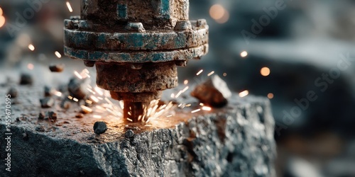 Close-up of Jackhammer Breaking Rock with Flying Debris