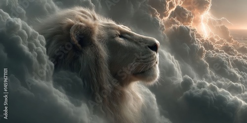 Majestic Lion Head Emerging from Clouds with Lightning in Dramatic Sky