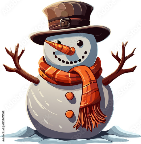 Illustration A cute snowman dressed up for winter. The snowman is wearing a hat and a scarf.