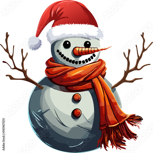 Cartoon illustration of a snowman. A cheerful snowman wearing a red Santa hat and scarf with a carrot nose. The snowman stands holding a stick as an arm.