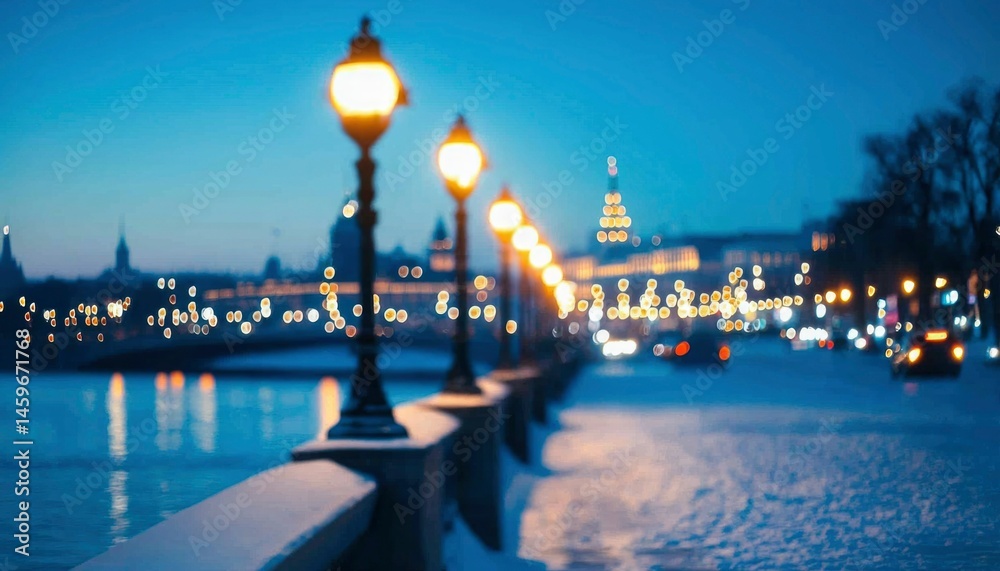 Obraz premium Winter city lights by river