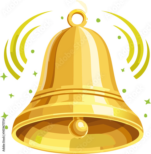 Illustration A golden bell with a shiny surface and green light around the bell