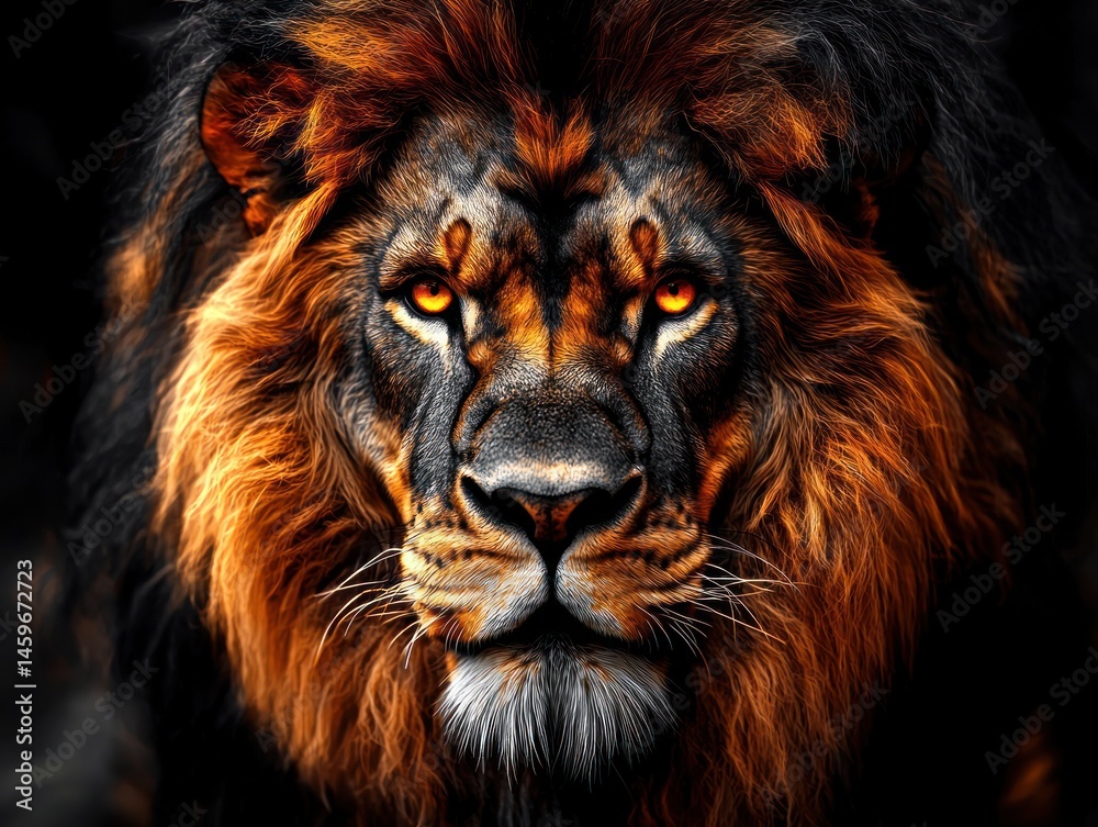 Fototapeta premium Fierce lion portrait, intense gaze, fiery mane, dark background