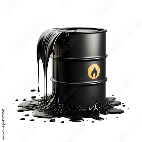 Black oil or petroleum spilled leaking from a black barrel, environmental pollution concept isolate on White background