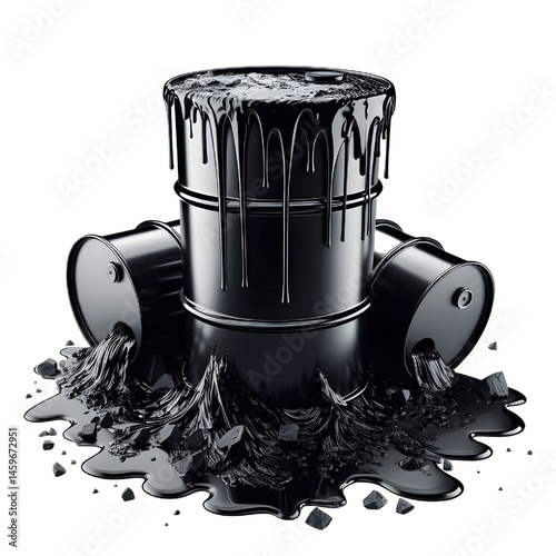 Black oil or petroleum spilled leaking from a black barrel, environmental pollution concept isolate on White background