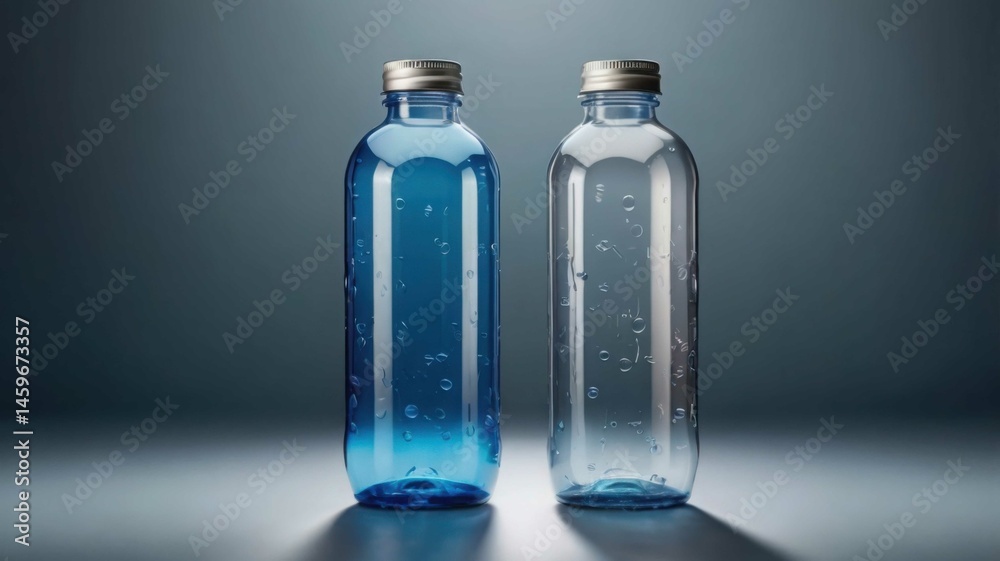 Two clear plastic water bottles, one blue, one transparent, displayed against a muted backdrop. Two clear plastic water bottles, one blue, one transparent, displayed against a muted backdrop.
