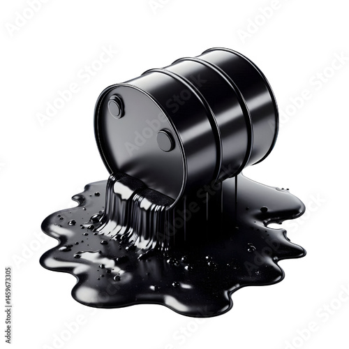 Black oil or petroleum spilled leaking from a black barrel, environmental pollution concept isolate on White background