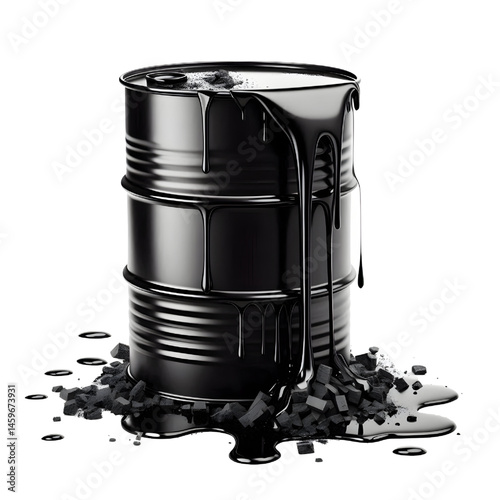 Black oil or petroleum spilled leaking from a black barrel, environmental pollution concept isolate on White background