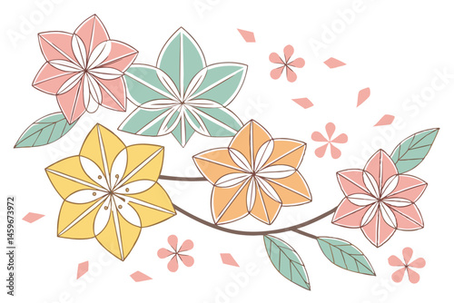 86 Colorful paper flowers, pastel origami blooms, geometric floral designs, yellow orange pink green petals, symmetrical paper art, delicate folded shapes, spring-inspired paper crafts, overhead view 
