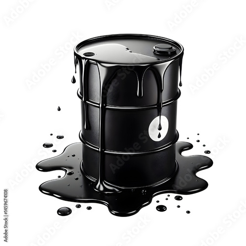 Black oil or petroleum spilled leaking from a black barrel, environmental pollution concept isolate on White background