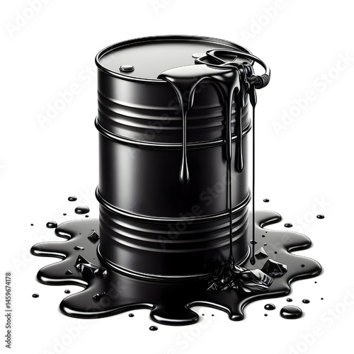 Black oil or petroleum spilled leaking from a black barrel, environmental pollution concept isolate on White background