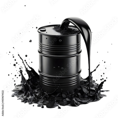 Black oil or petroleum spilled leaking from a black barrel, environmental pollution concept isolate on White background