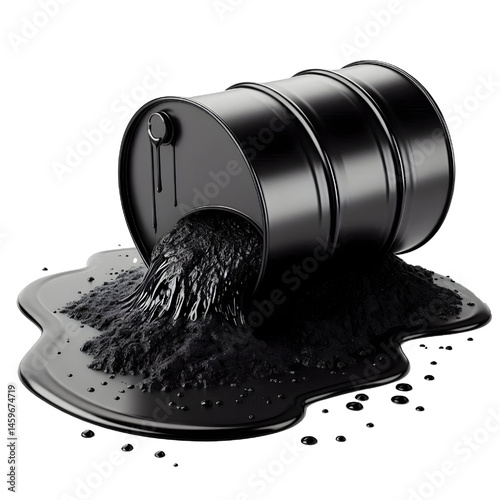 Black oil or petroleum spilled leaking from a black barrel, environmental pollution concept isolate on White background