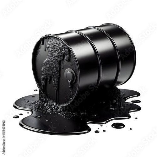 Black oil or petroleum spilled leaking from a black barrel, environmental pollution concept isolate on White background