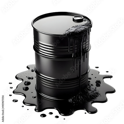 Black oil or petroleum spilled leaking from a black barrel, environmental pollution concept isolate on White background