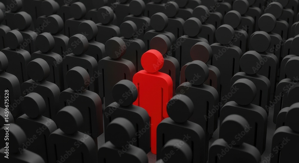 Fototapeta premium A crowd of black figures with one red figure standing out from the crowd, representing individuality, leadership, or being unique.