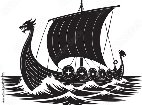 Viking Ship Silhouette Vector Illustration for Maritime, Adventure, and Nordic-Themed Designs Featuring Longship Icon