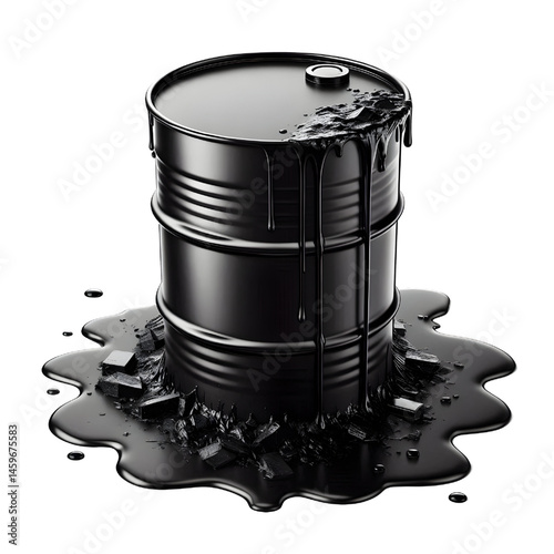 Black oil or petroleum spilled leaking from a black barrel, environmental pollution concept isolate on White background