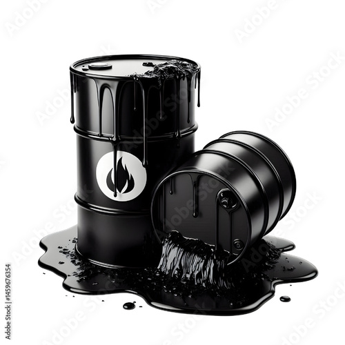 Black oil or petroleum spilled leaking from a black barrel, environmental pollution concept isolate on White background