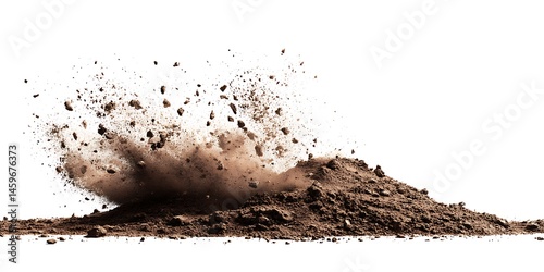 A dirt pile flying in the air on a white background