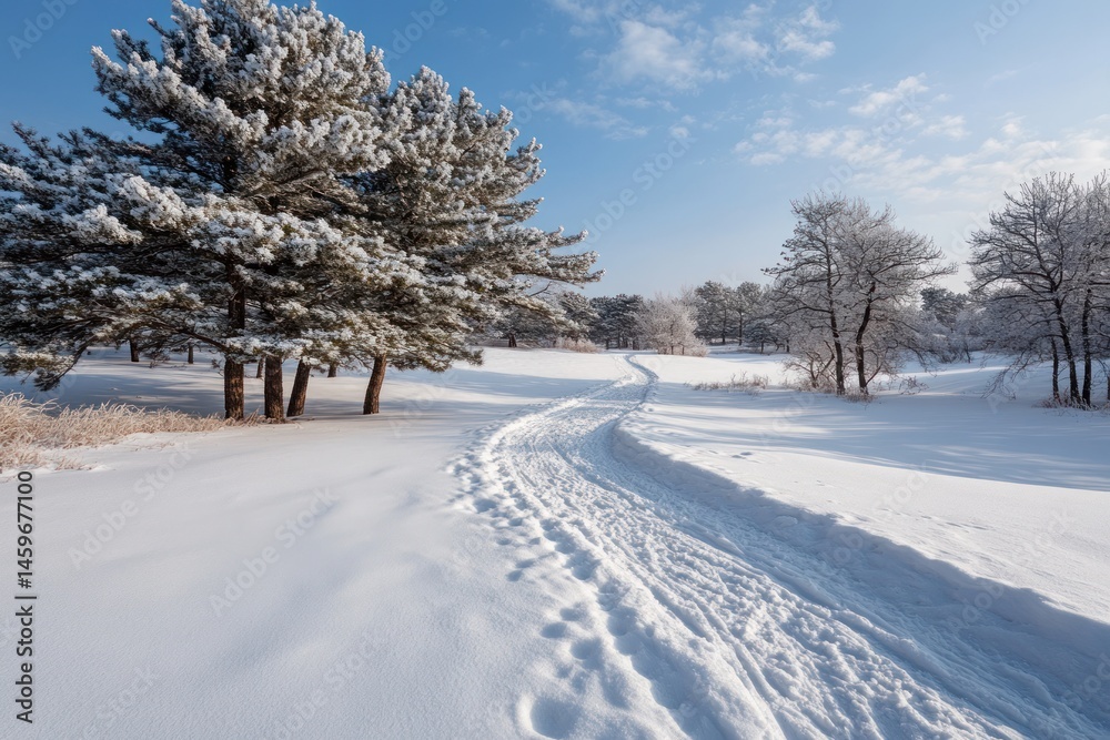 Obraz premium White snowy landscape with pine trees