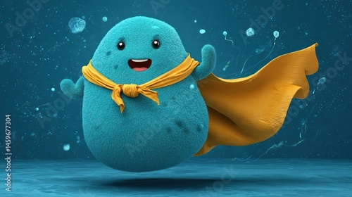 Cute, blue, fluffy creature with a yellow cape, floating in the air, surrounded by small particles.  A happy expression