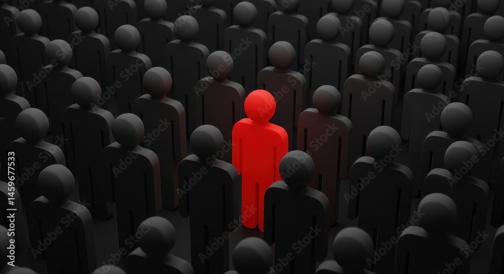 Fototapeta premium Crowd of dark gray figures with one bright red figure standing out, symbolizing leadership, individuality, or being different.