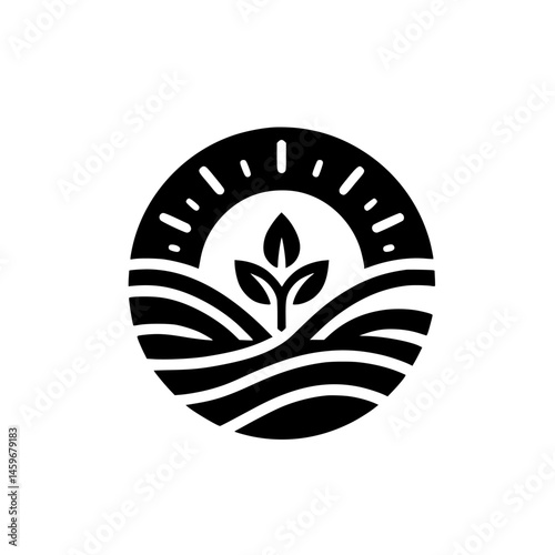 Minimalist Farm Logo: Leaves, Fields, & Sun in Circle
