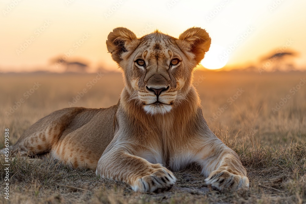 Fototapeta premium Golden Mane Lion Lying Still in Sunset Savannah