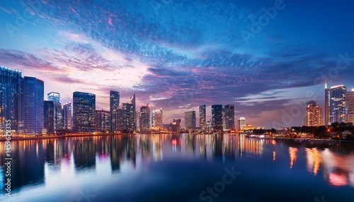 Wallpaper Mural a twilight sky with scattered clouds hangs above a cityscape where illuminated skyscrapers are reflected in calm water Torontodigital.ca