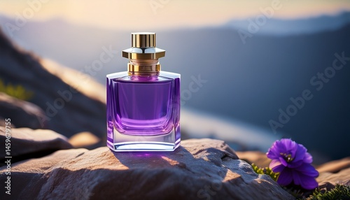 luxury transparent bottle with purple perfume on rock