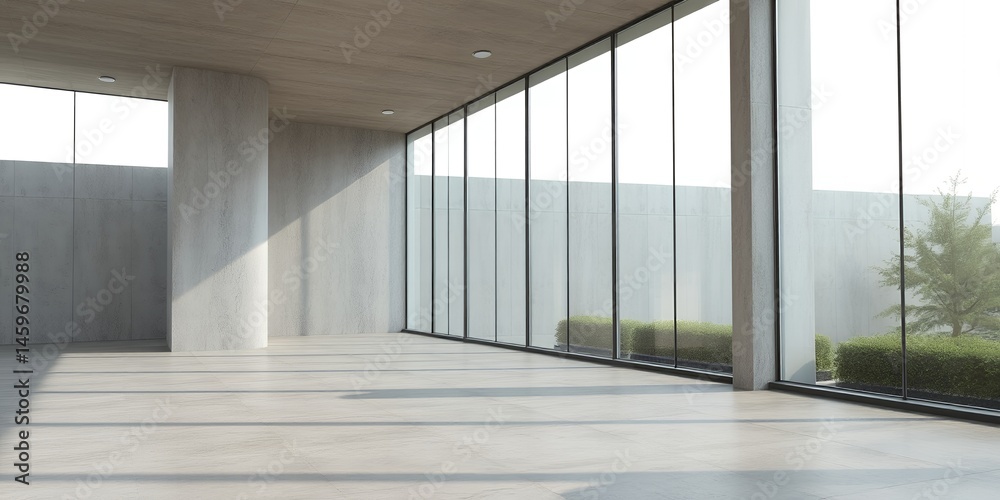 Fototapeta premium Modern Empty Room Design Minimalist Concrete Walls Large Windows Natural Light Spacious Interior