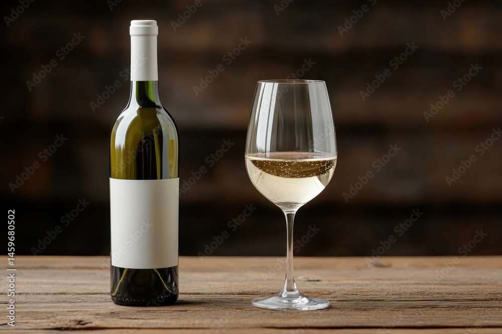 Fototapeta premium Glass and bottle of white wine on a wooden table