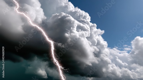 Dramatic storm clouds with lightning. Dark, heavy clouds meet a bright blue sky. A jagged lightning bolt streaks across the storm cloud