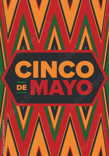 Cinco de Mayo in Mexico. Traditional mexican fiesta in May. National happy holiday with carnival, festival and parade. Latin american and spanish pattern. Illustration with sombrero. Vector poster