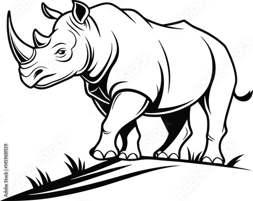 Detailed Black and White Illustration of a Rhinoceros