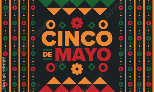 Cinco de Mayo in Mexico. Traditional mexican fiesta in May. National happy holiday with carnival, festival and parade. Latin american and spanish pattern. Illustration with sombrero. Vector poster