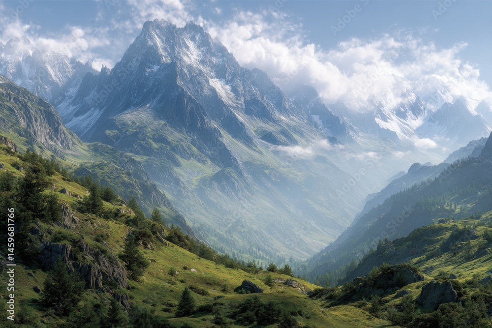 Fototapeta premium Majestic mountain range, vibrant green valleys, and a serene atmosphere.