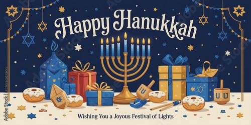 Festive Hanukkah Celebration with Menorah Candles Dreidels Gelt and Wrapped Gifts Traditional Jewish Holiday Background with Blue and Gold Decor Happy Hanukkah Greeting Card with Starry Confetti