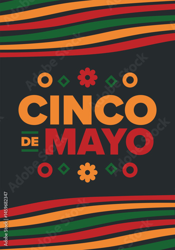 Cinco de Mayo in Mexico. Traditional mexican fiesta in May. National happy holiday with carnival, festival and parade. Latin american and spanish pattern. Illustration with sombrero. Vector poster