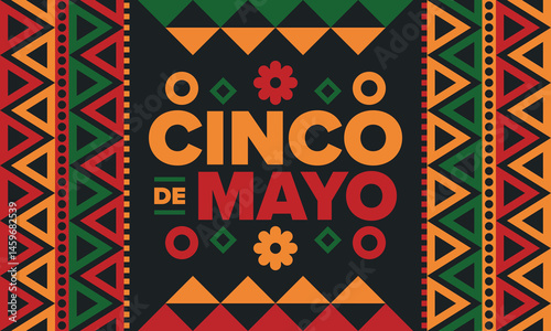 Cinco de Mayo in Mexico. Traditional mexican fiesta in May. National happy holiday with carnival, festival and parade. Latin american and spanish pattern. Illustration with sombrero. Vector poster