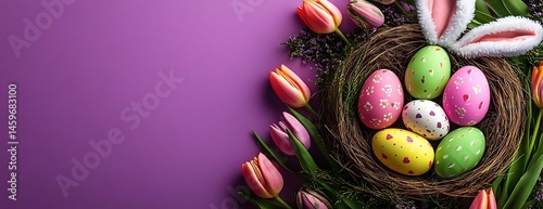 Easter eggs nest tulips purple background