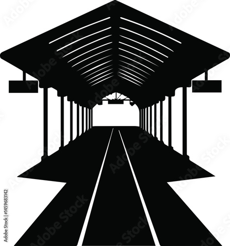 Silhouette of a railway station platform with canopy roof in perspective view